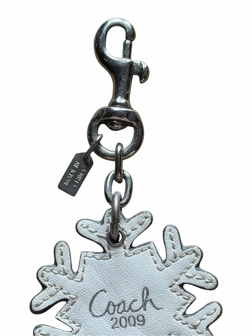 Coach 2009 Snowflake Crystal Leather Bag Charm Keychain Silver White Y2K
